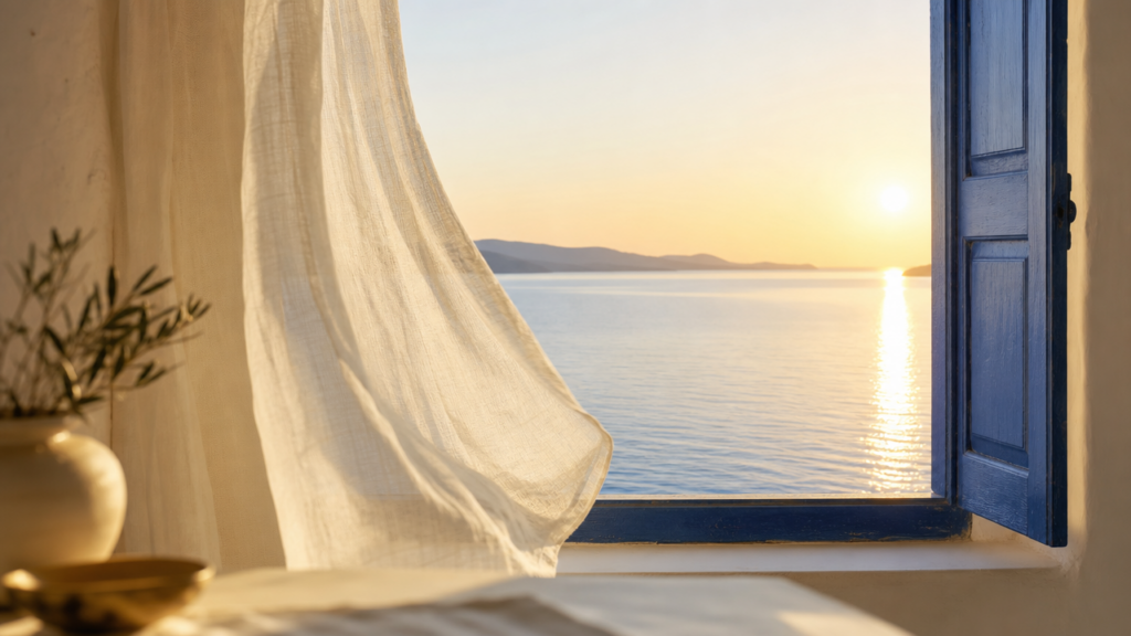 fenêtre ouverte sur une mer calme au petit matin, lumière dorée